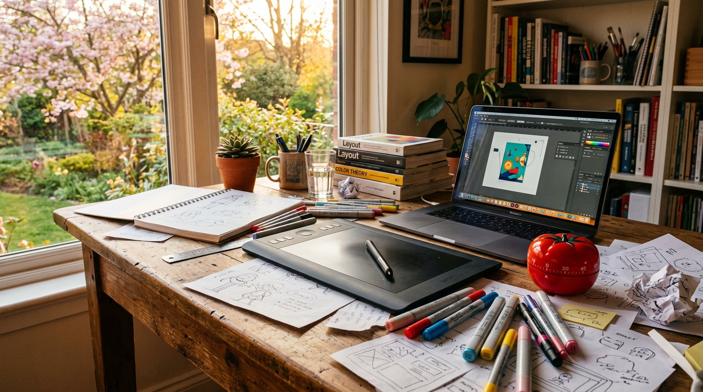 Mesa de estudante universitário com livros, notebook, caderno e timer Pomodoro em formato de tomate