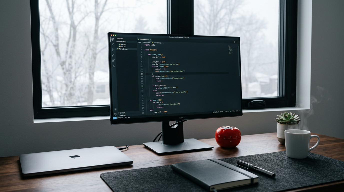 Tela de editor de código ao lado de um timer Pomodoro em formato de tomate sobre uma mesa de desenvolvedor
