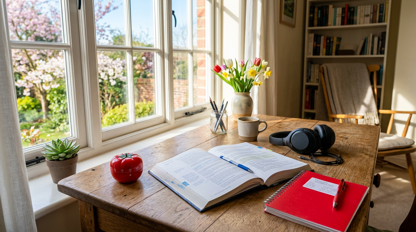 Mesa de estudo com livro de inglês, fones de ouvido, caderno de vocabulário e timer Pomodoro em formato de tomate