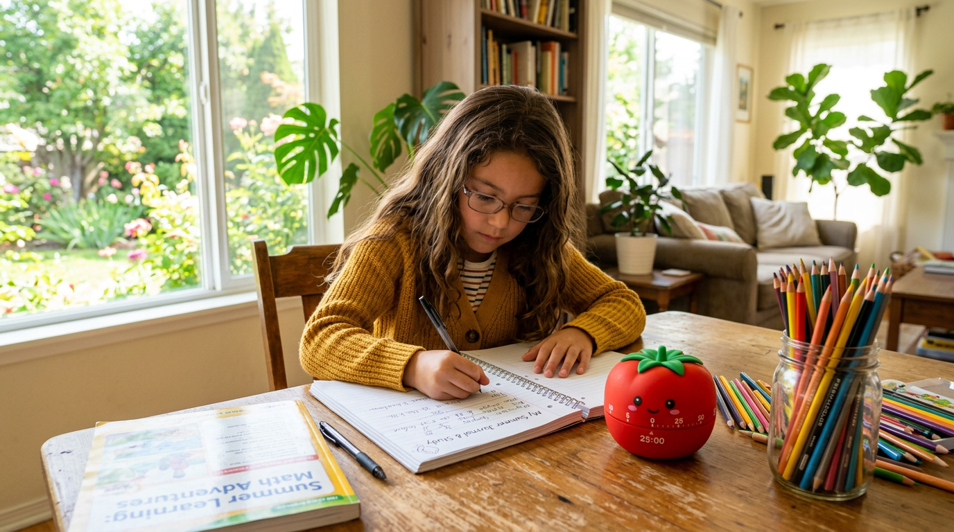 Criança estudando em casa com timer Pomodoro em formato de tomate ao lado do caderno e lápis coloridos
