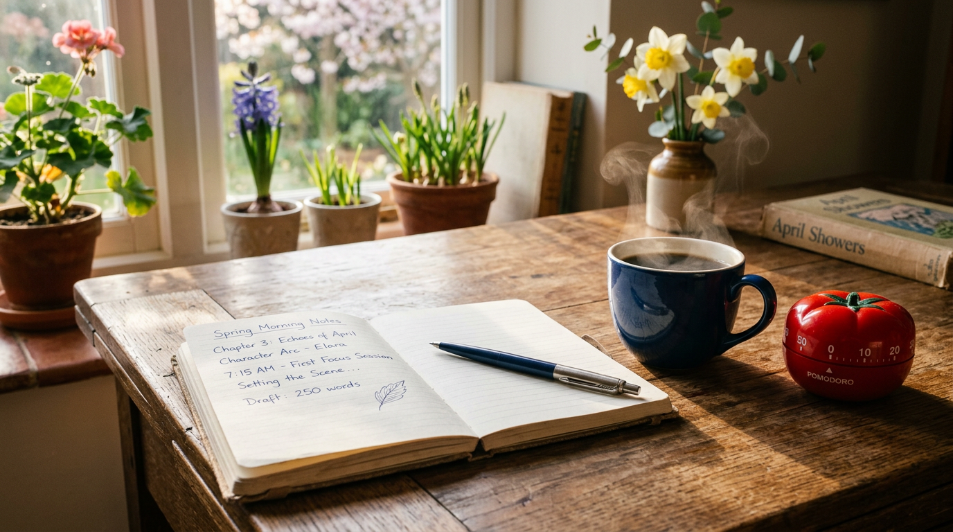 Caderno aberto com caneta, xícara de café e timer Pomodoro em uma mesa de escritor
