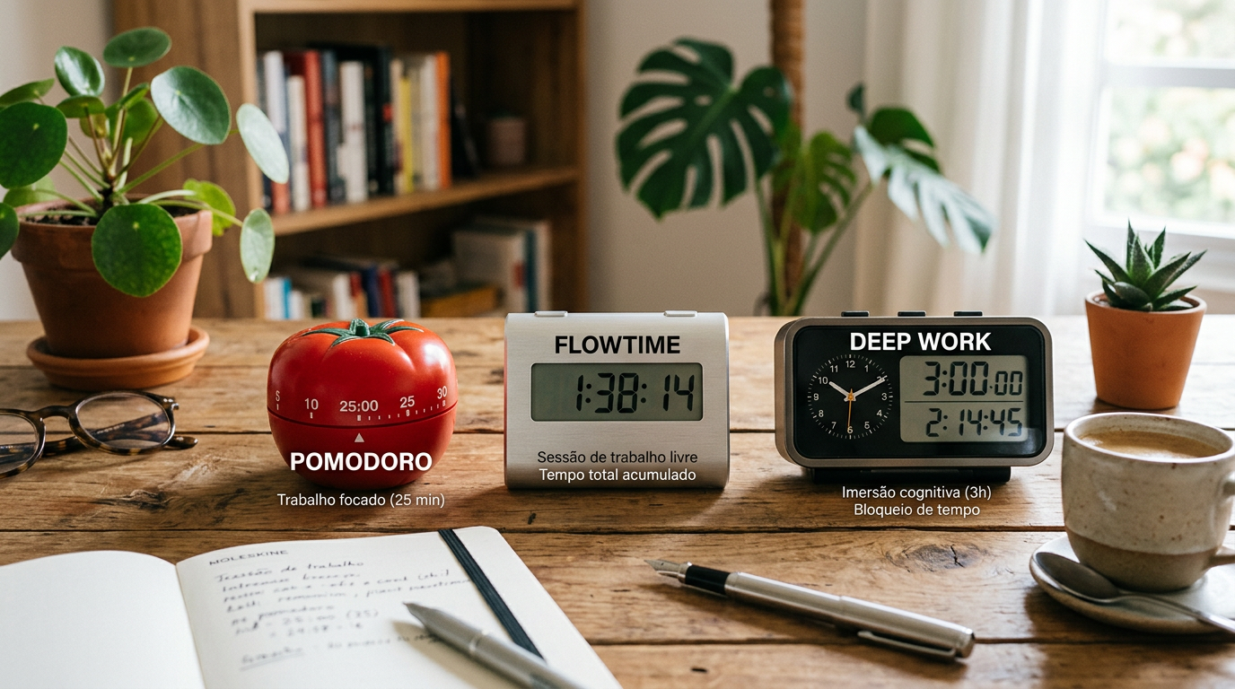 Três cronômetros lado a lado representando os métodos Pomodoro, Flowtime e Deep Work sobre uma mesa de trabalho