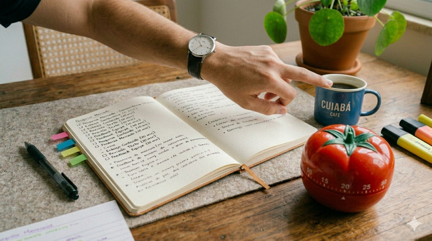 Pessoa olhando para o relógio em uma mesa com tarefas pendentes e timer Pomodoro em formato de tomate