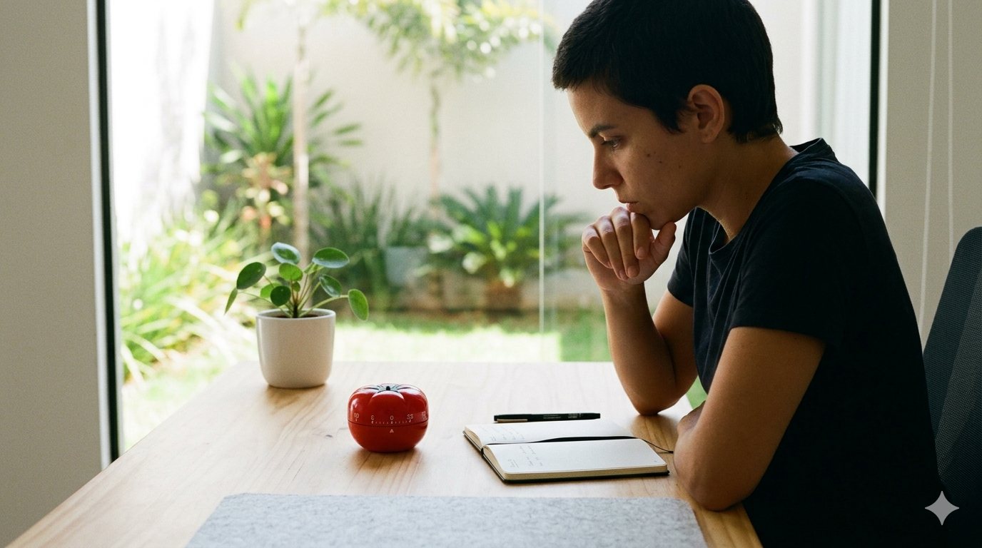 Pessoa olhando para timer Pomodoro com expressão concentrada em uma mesa de trabalho minimalista