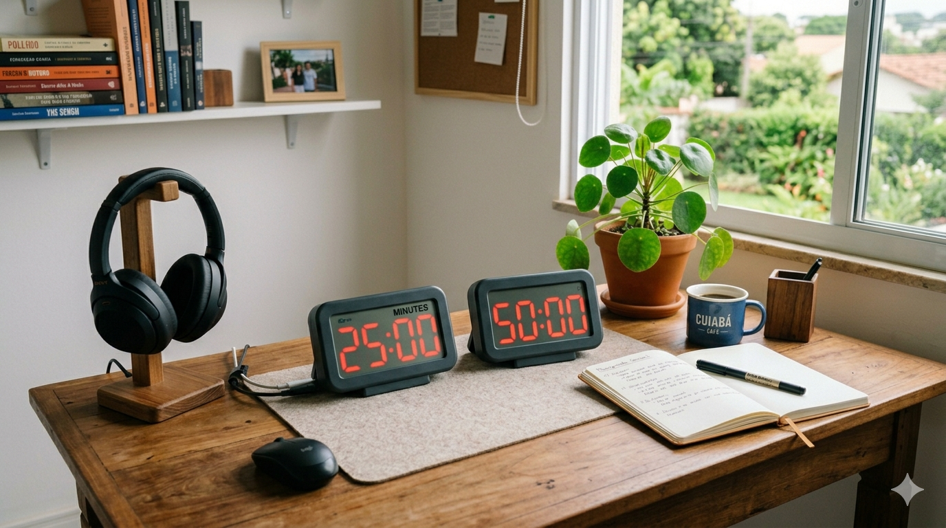 Dois timers lado a lado, um marcando 25 minutos e o outro marcando 50 minutos