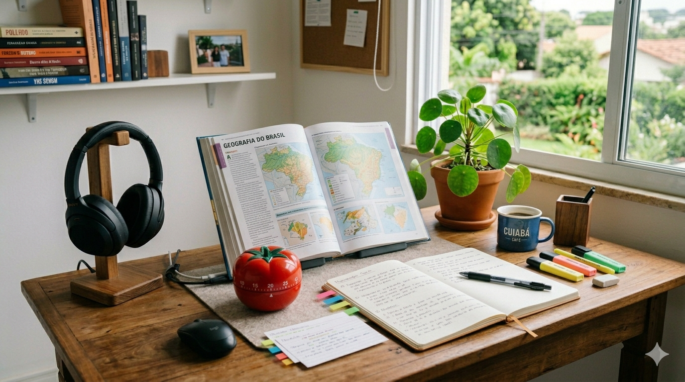 Mesa de estudos com livros abertos, caderno, caneta e um timer Pomodoro em formato de tomate