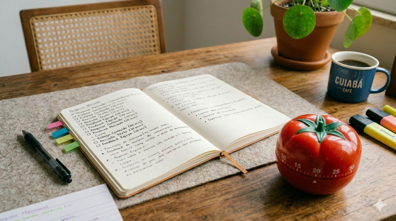 Caderno aberto com anotações em listas e timer Pomodoro em formato de tomate ao lado em uma mesa de trabalho