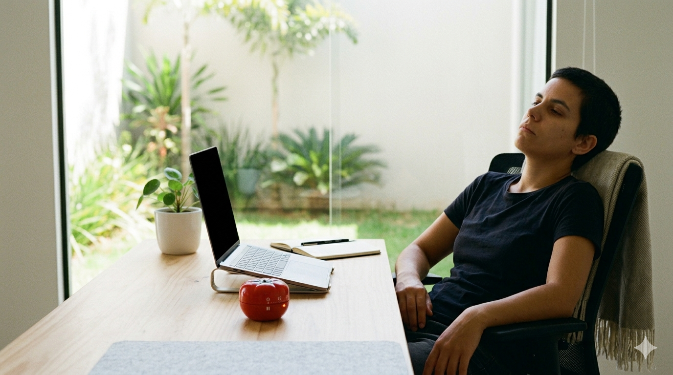 Pessoa cansada em frente ao computador com timer Pomodoro indicando pausa em uma mesa de trabalho