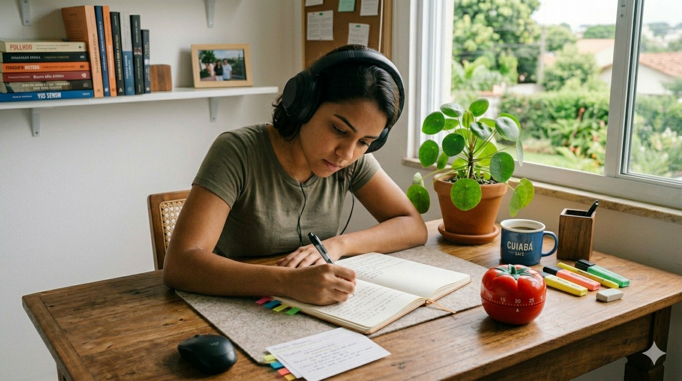 Pessoa concentrada em frente a um caderno com fones de ouvido, ao lado de um timer Pomodoro
