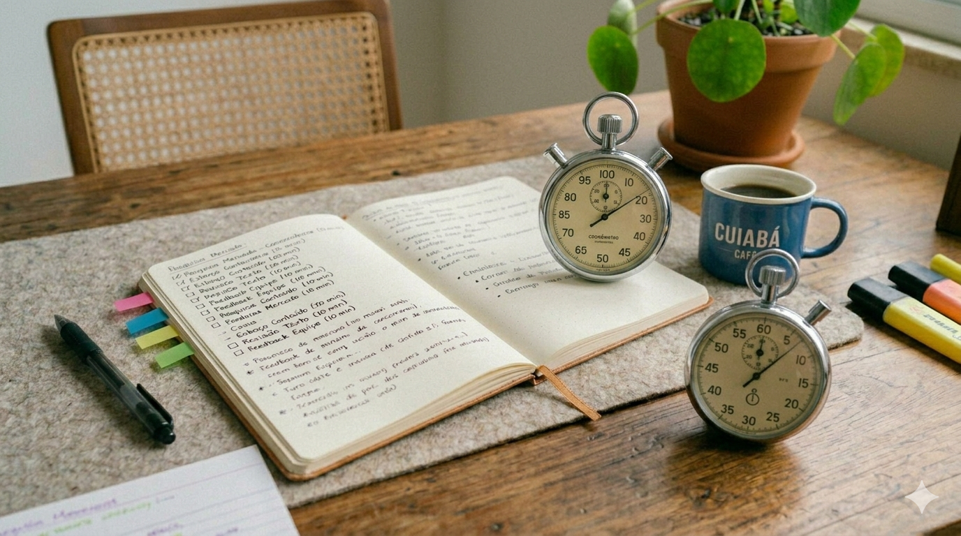 Cronômetro mostrando 90 minutos ao lado de caderno aberto e xícara de café em uma mesa de trabalho