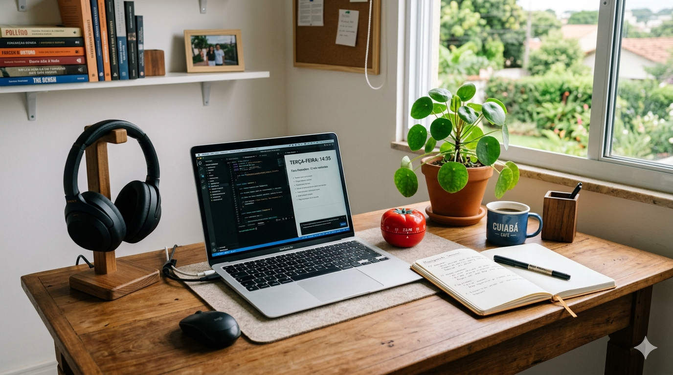 Mesa de trabalho em casa organizada, com notebook, caderno, planta, fones e timer Pomodoro