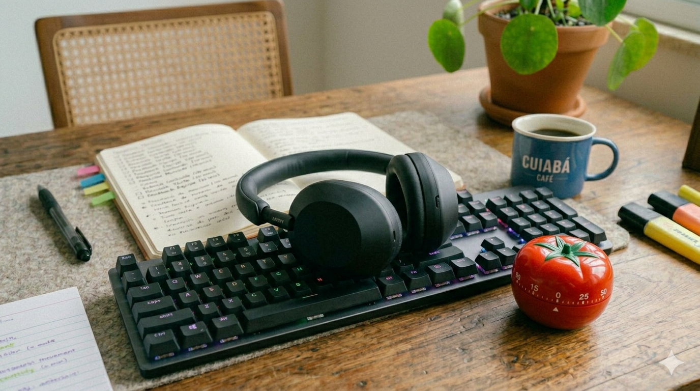 Fones de ouvido sobre teclado de computador ao lado de timer Pomodoro em formato de tomate em uma mesa de trabalho